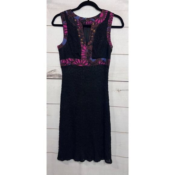 Trina Turk Size 2 Dress Black Sleeveless Patterned Trim Boehmian - Picture 1 of 6